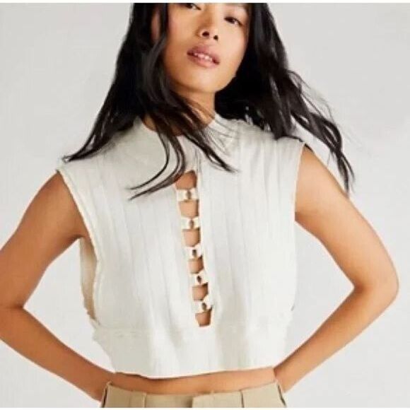 Free People x Tricia Fix Women's S Cream Harris Micro Crop Tank Top - Picture 6 of 7